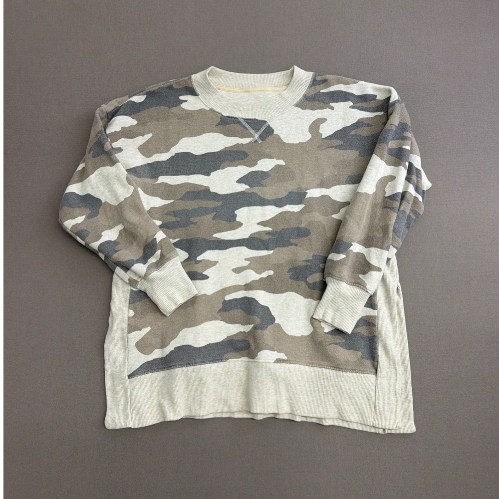 Aerie Camo Crewneck Sweatshirt Womens Small Oversized Side Slit Pullover Gray